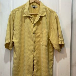 Tommy Bahama Silk Gaylord Palms Pale Yellow Button Down Shirt Mens Large (Stain)
